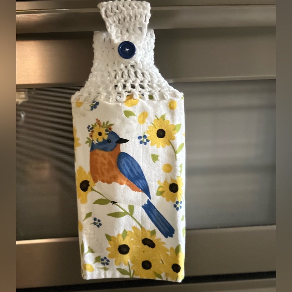 Hand Crafted Floral Blue Bird Hanging Kitchen Hand Towel Crochet Top - Picture 7 of 8